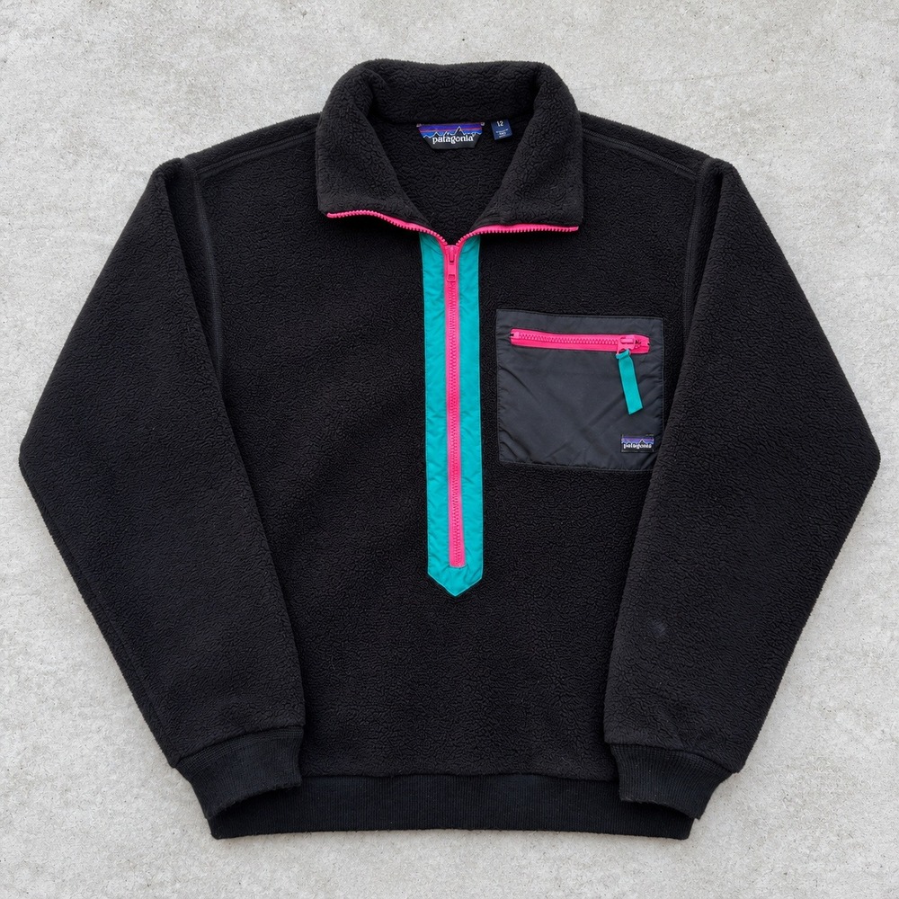 90s Vintage Patagonia Synchilla Fleece Pullover Black Teal Pink Made USA Size 12